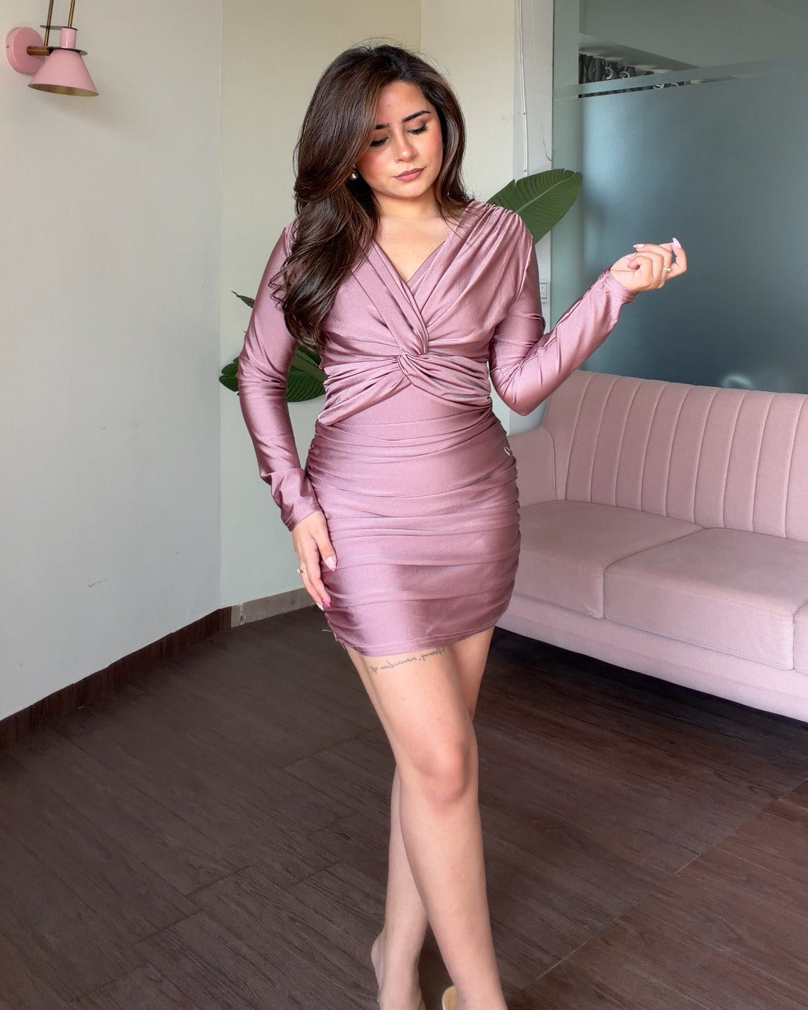 Knot Detailing Ruched Mini Dress