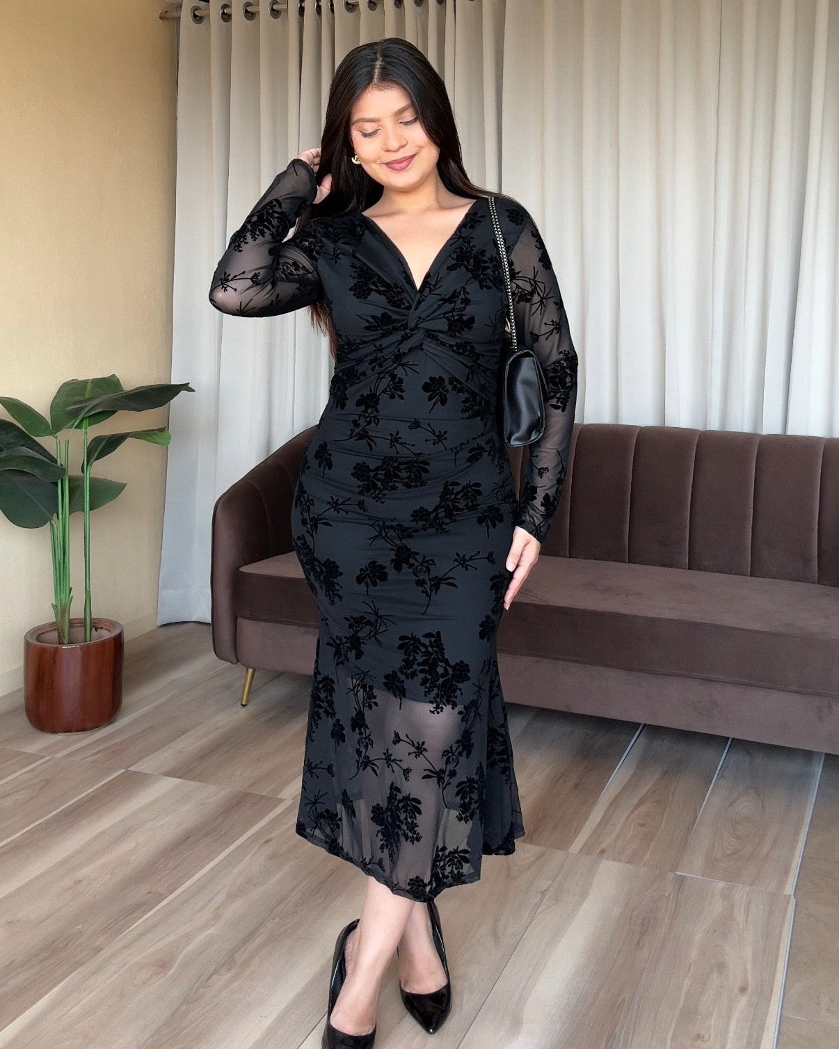 Knot Detailing Velvet Floral Mesh Dress