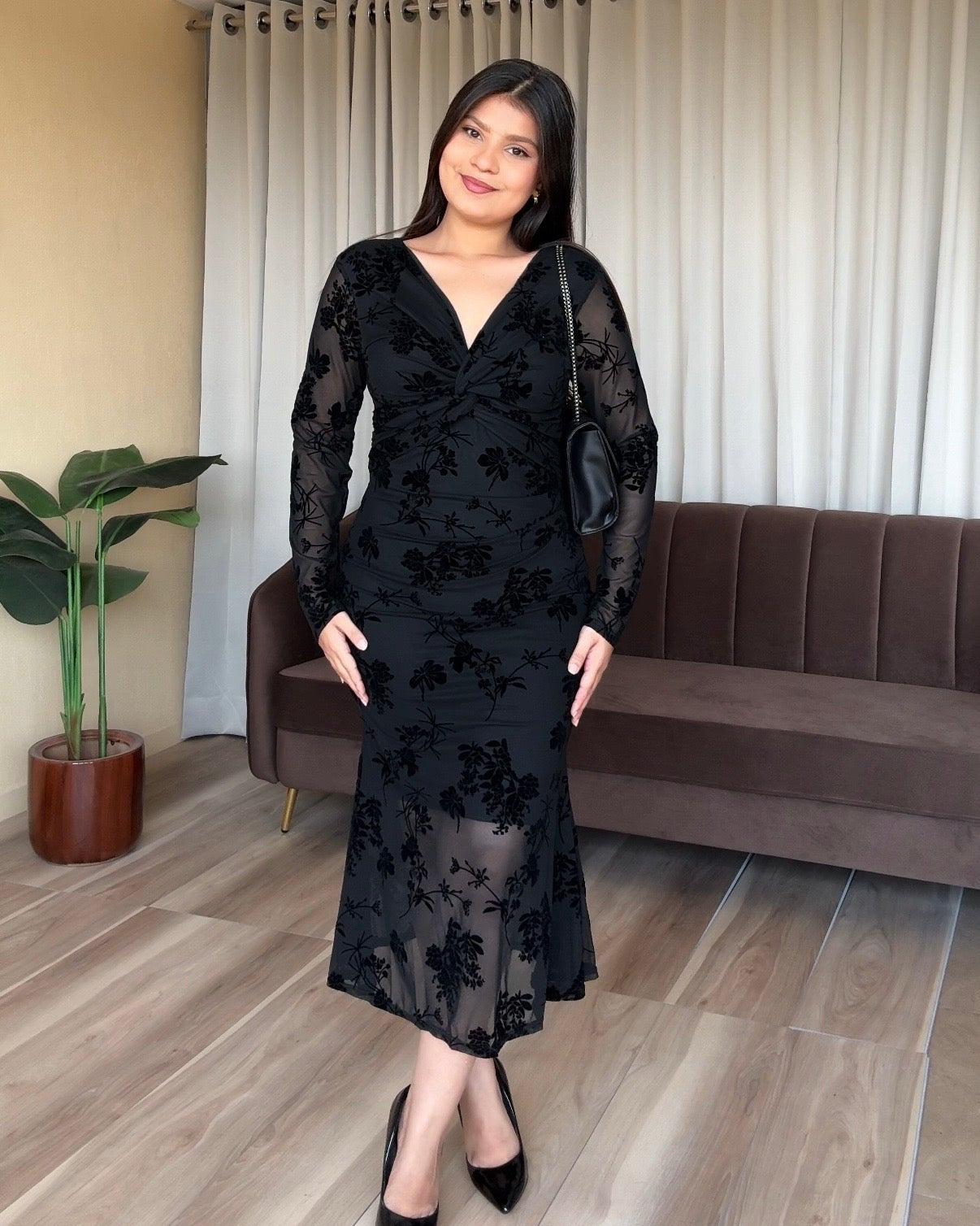 Knot Detailing Velvet Floral Mesh Dress