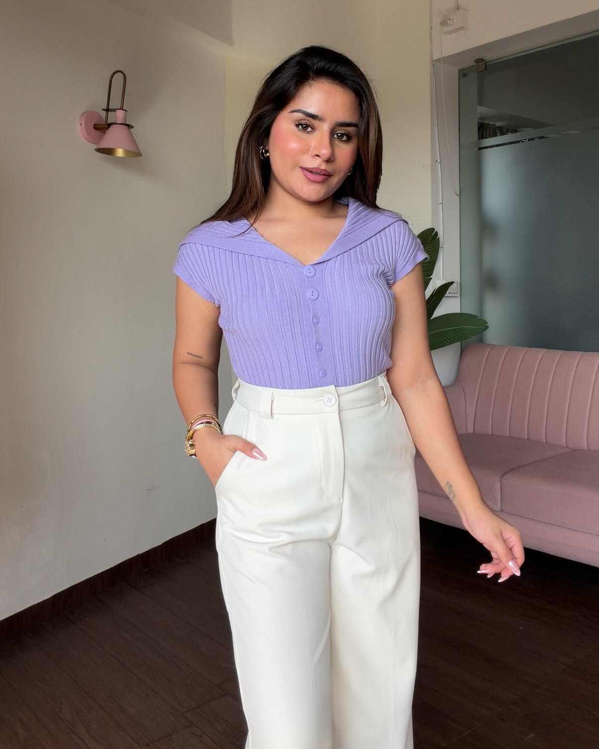 Korean Collar Button Detailing Ribbed Top