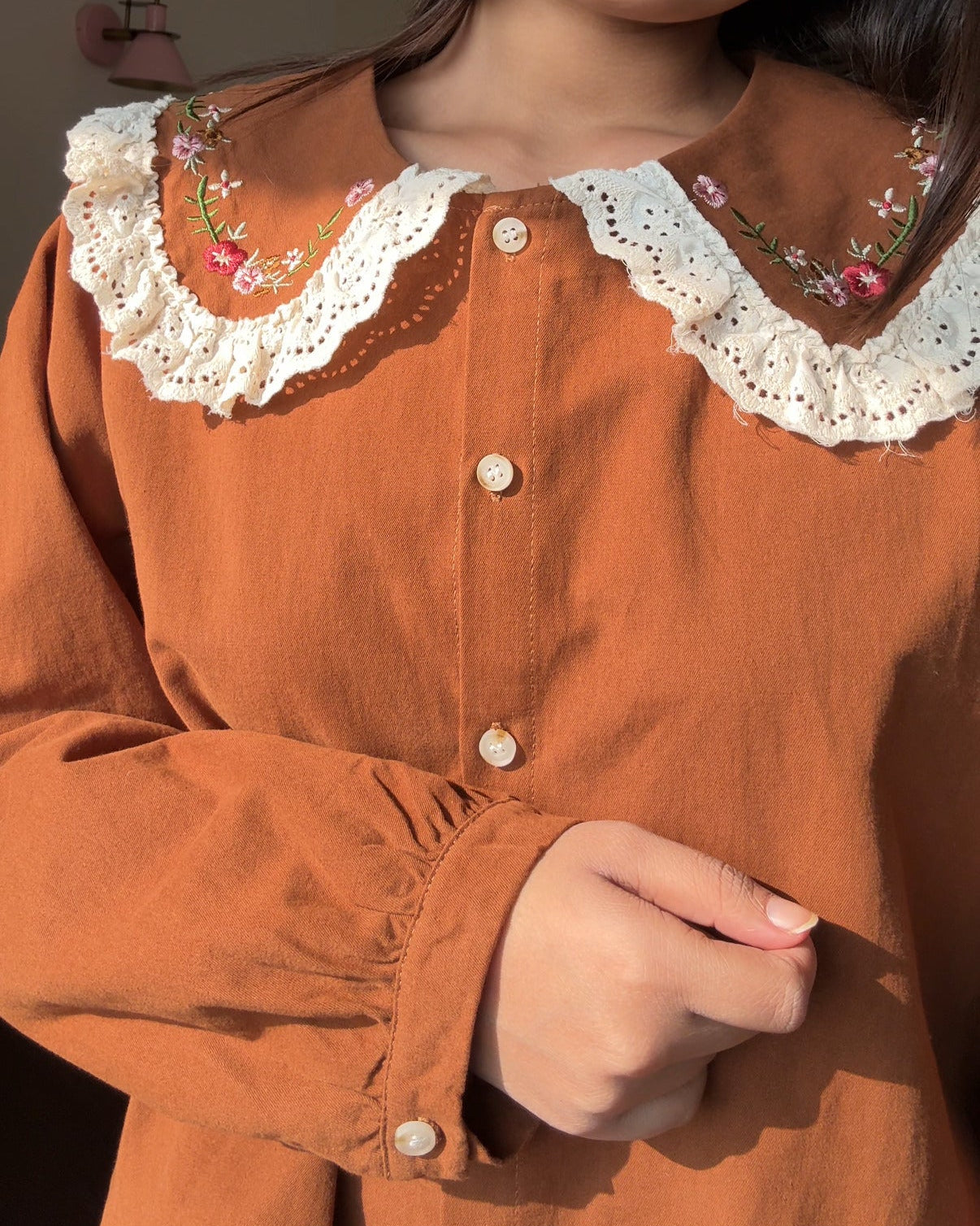 Korean Collar Lacy Detailing Thick Shirt