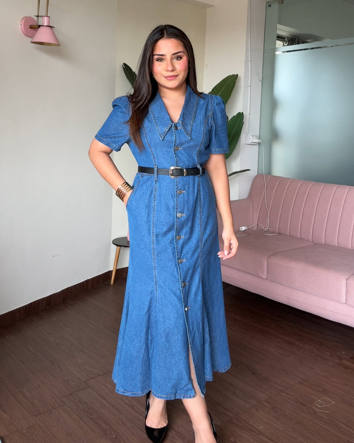 Korean Collar Puff Sleeves Button Up Denim Dress With Belt