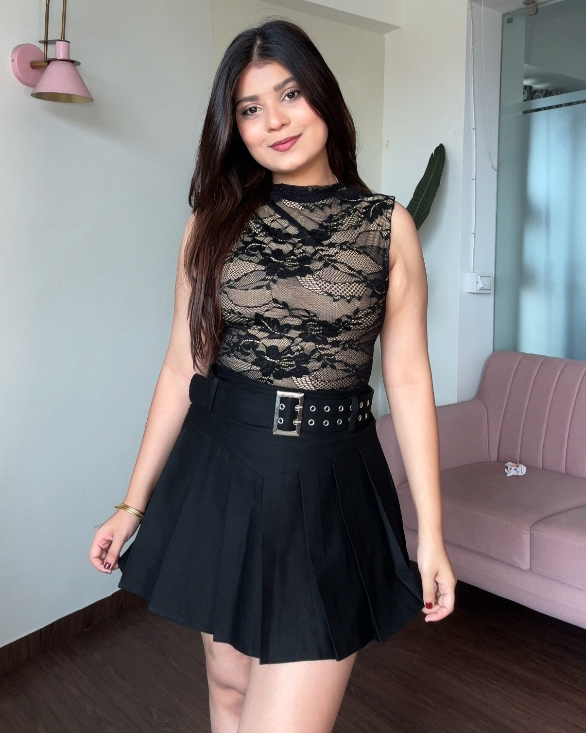 Korean Pleated Skirt With Belt