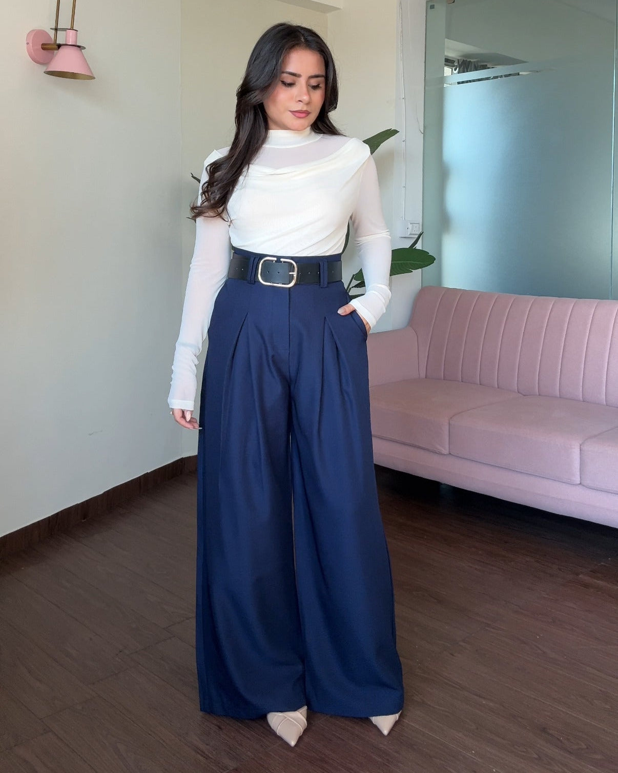 Korean Pleated Wide Legged Pants With Belt