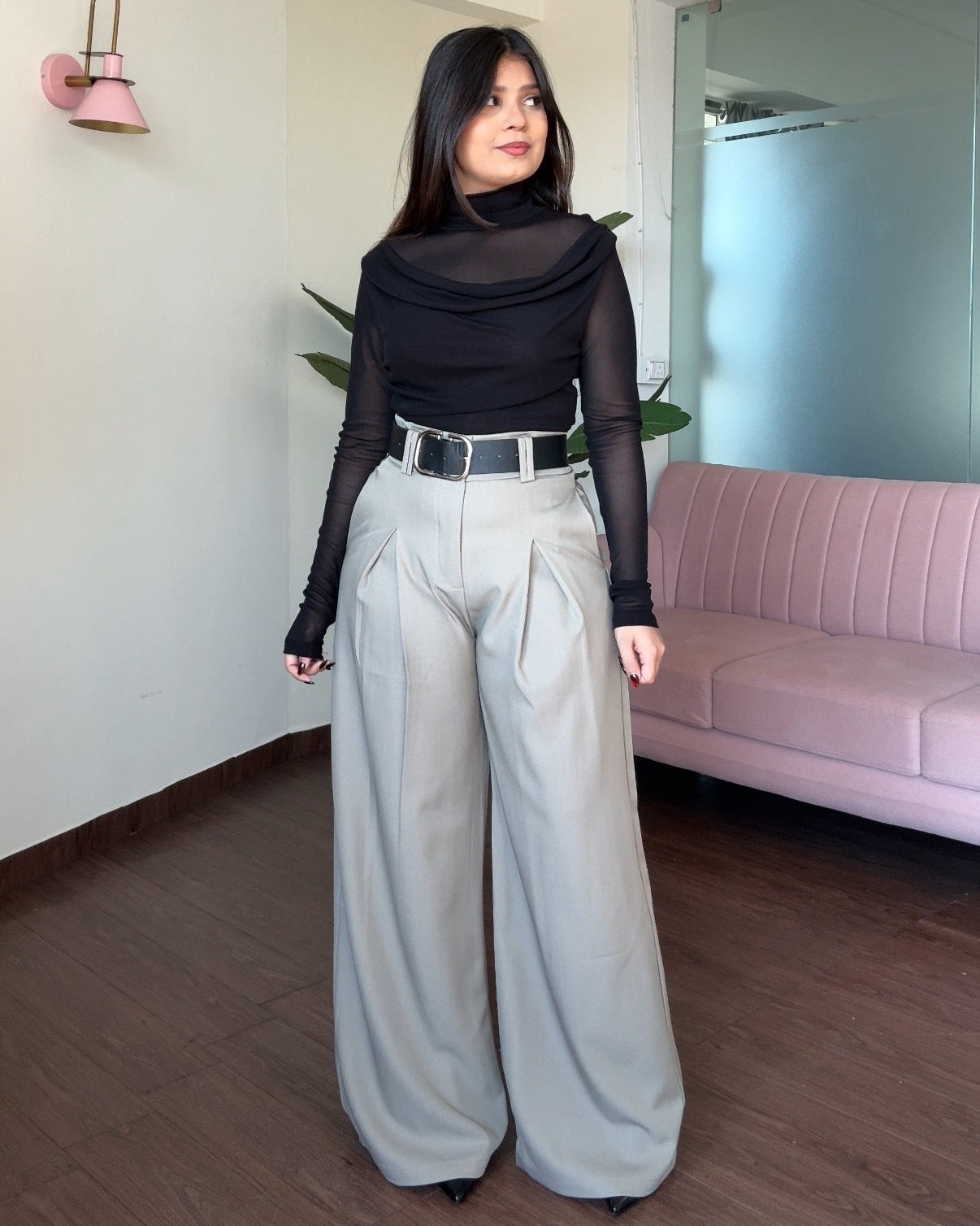 Korean Pleated Wide Legged Pants With Belt