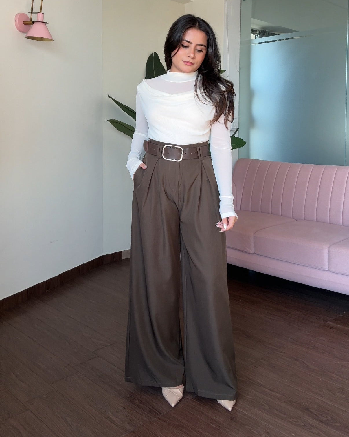 Korean Pleated Wide Legged Pants With Belt