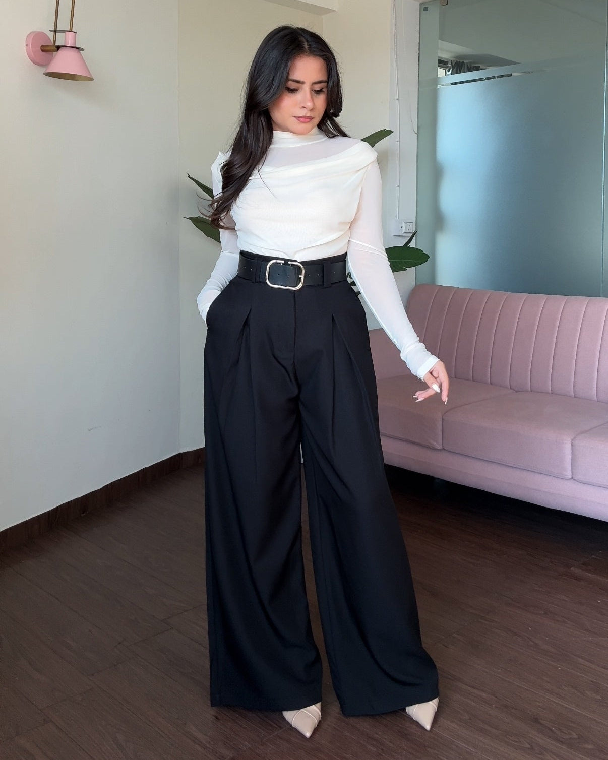 Korean Pleated Wide Legged Pants With Belt