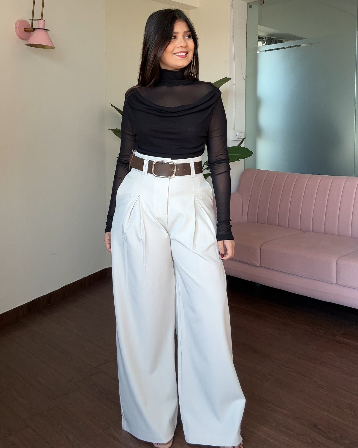 Korean Pleated Wide Legged Pants With Belt