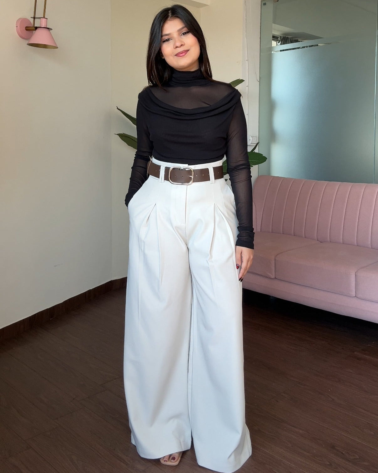 Korean Pleated Wide Legged Pants With Belt