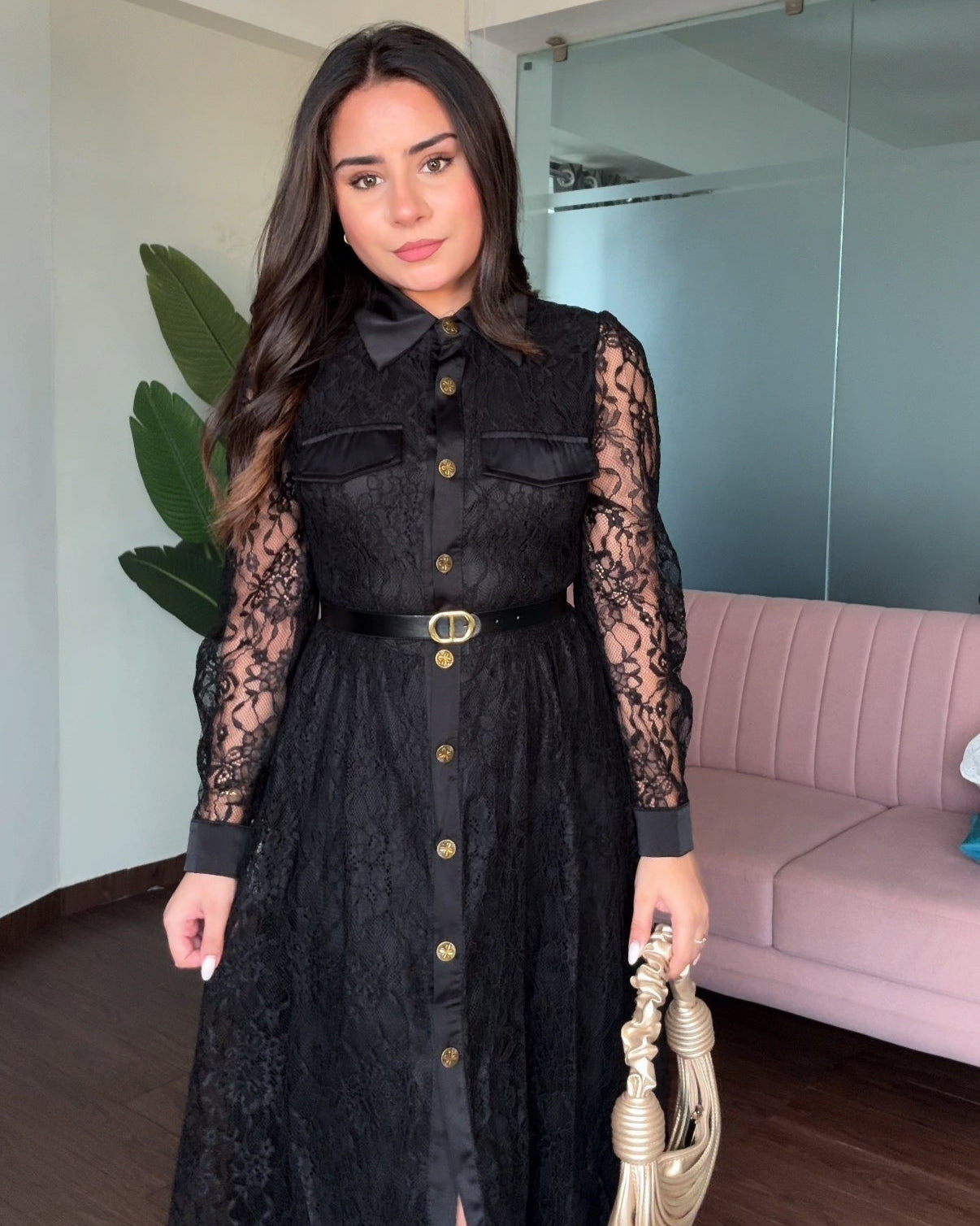 Lace Button Up Midi Dress With Belt