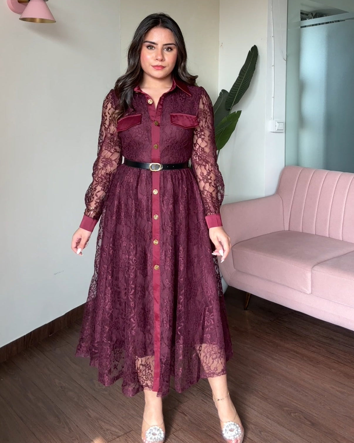 Lace Button Up Midi Dress With Belt