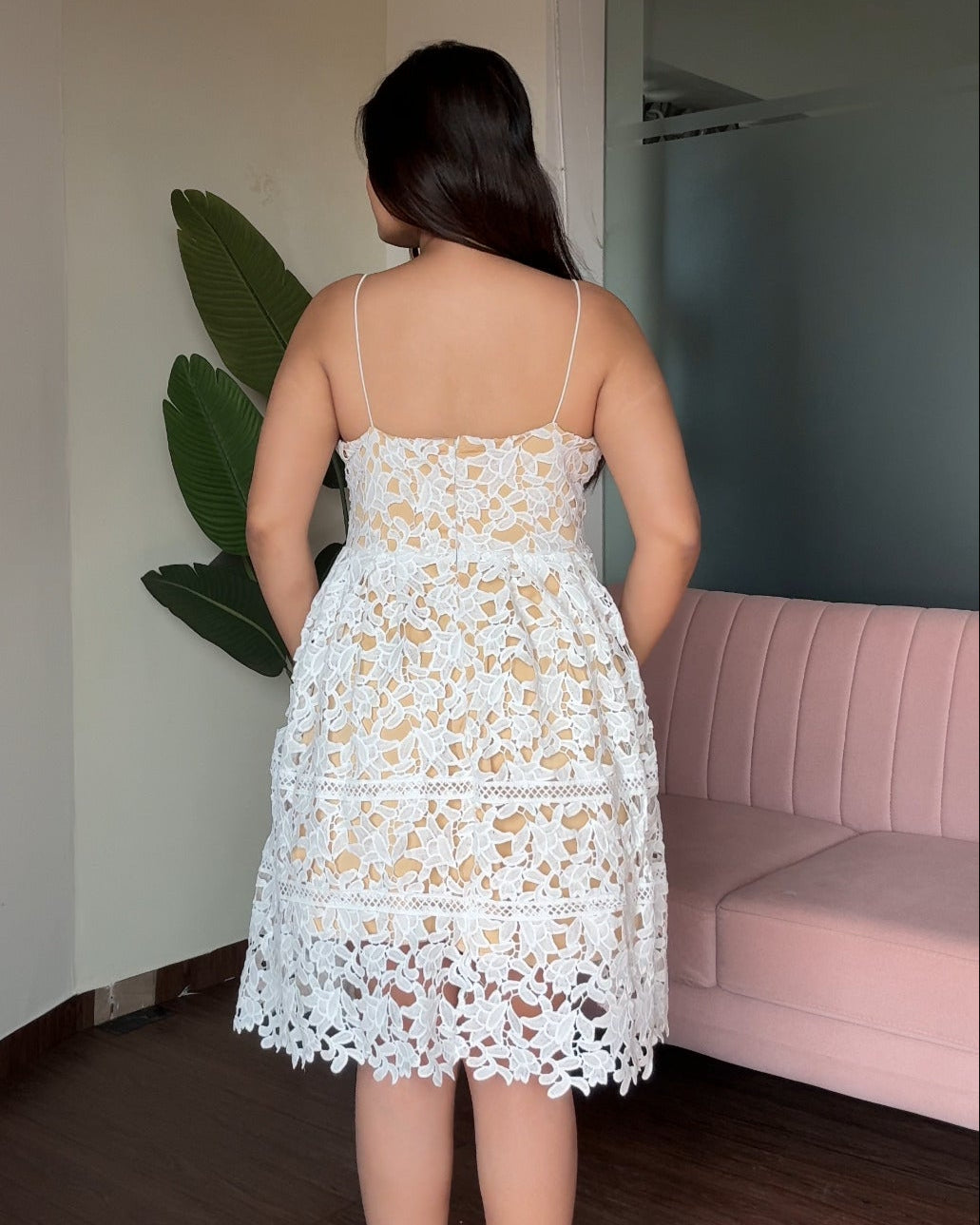 Lace Detailing Strappy Midi Flared Dress