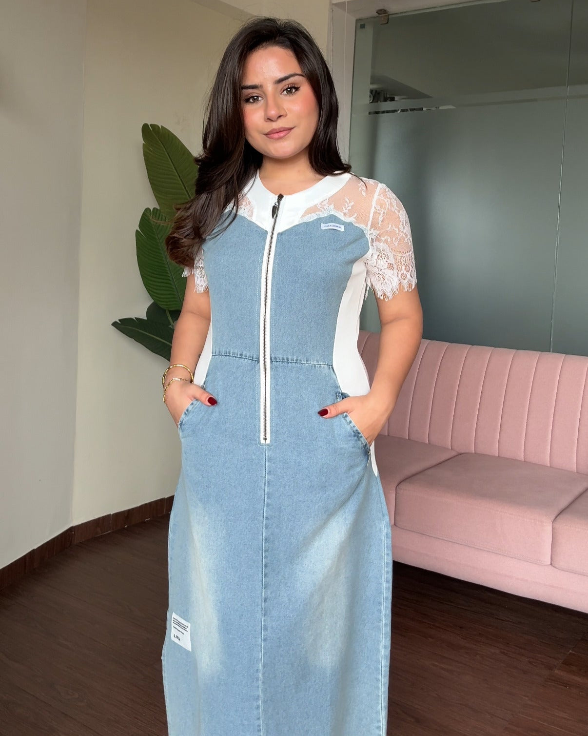 Lace Detailing Zip Up Denim Dress