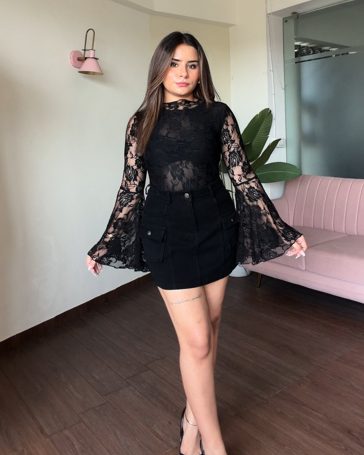 Lacy Bell Sleeve Detailing Bodysuit