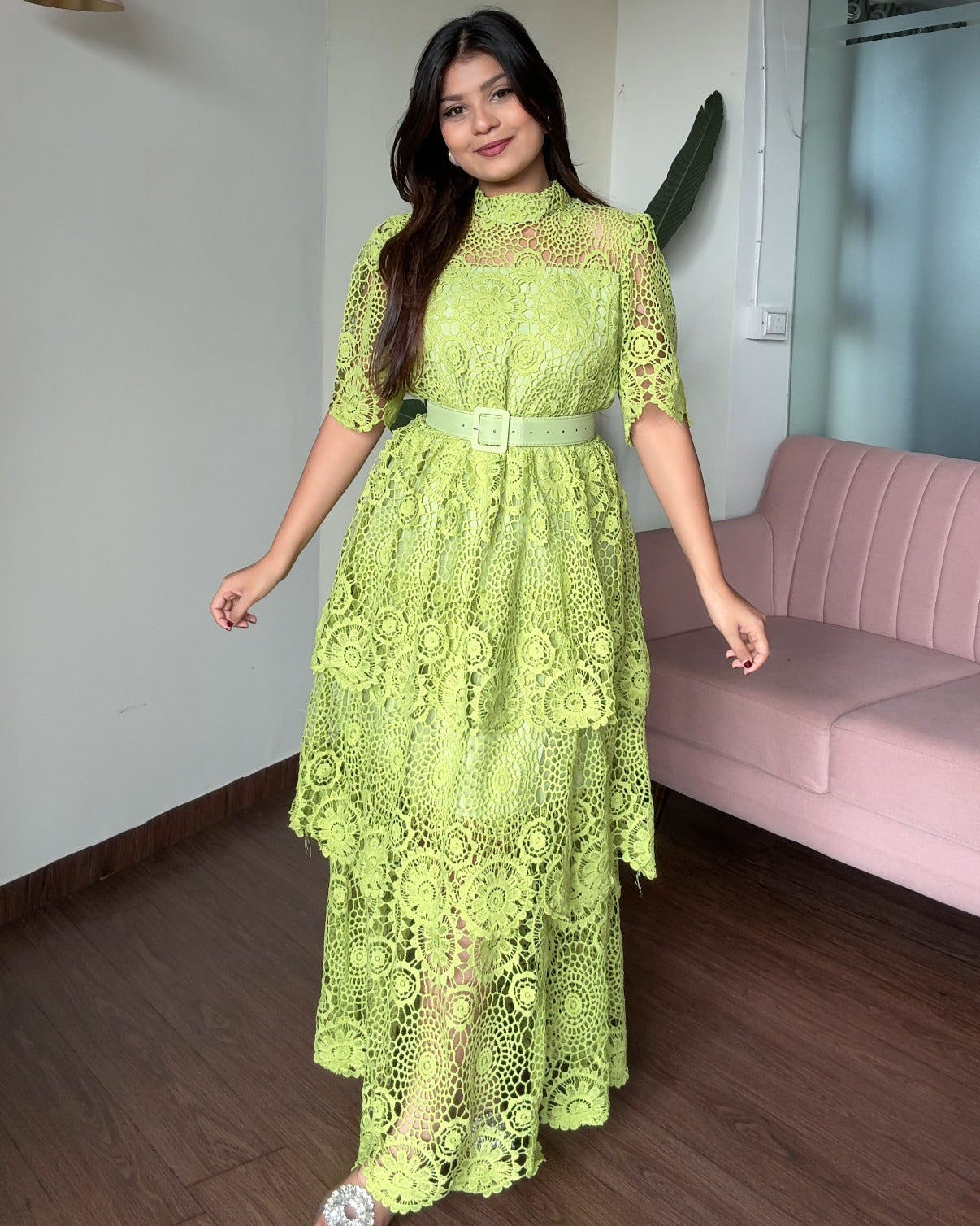 Lacy Belted Flared Midi Dress