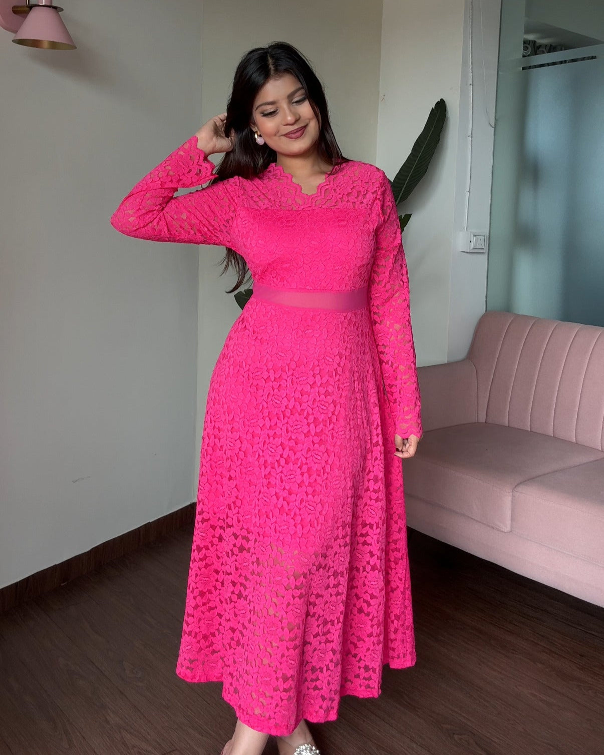 Lacy Cut Out Full Sleeves Midi Dress