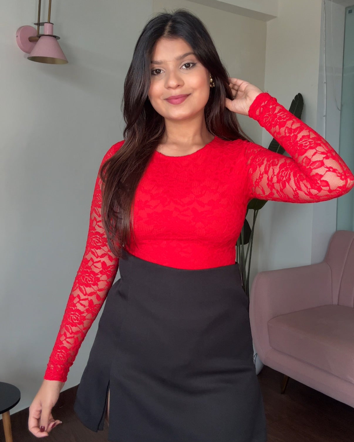 Lacy Full Sleeve Round Neck Bodysuit