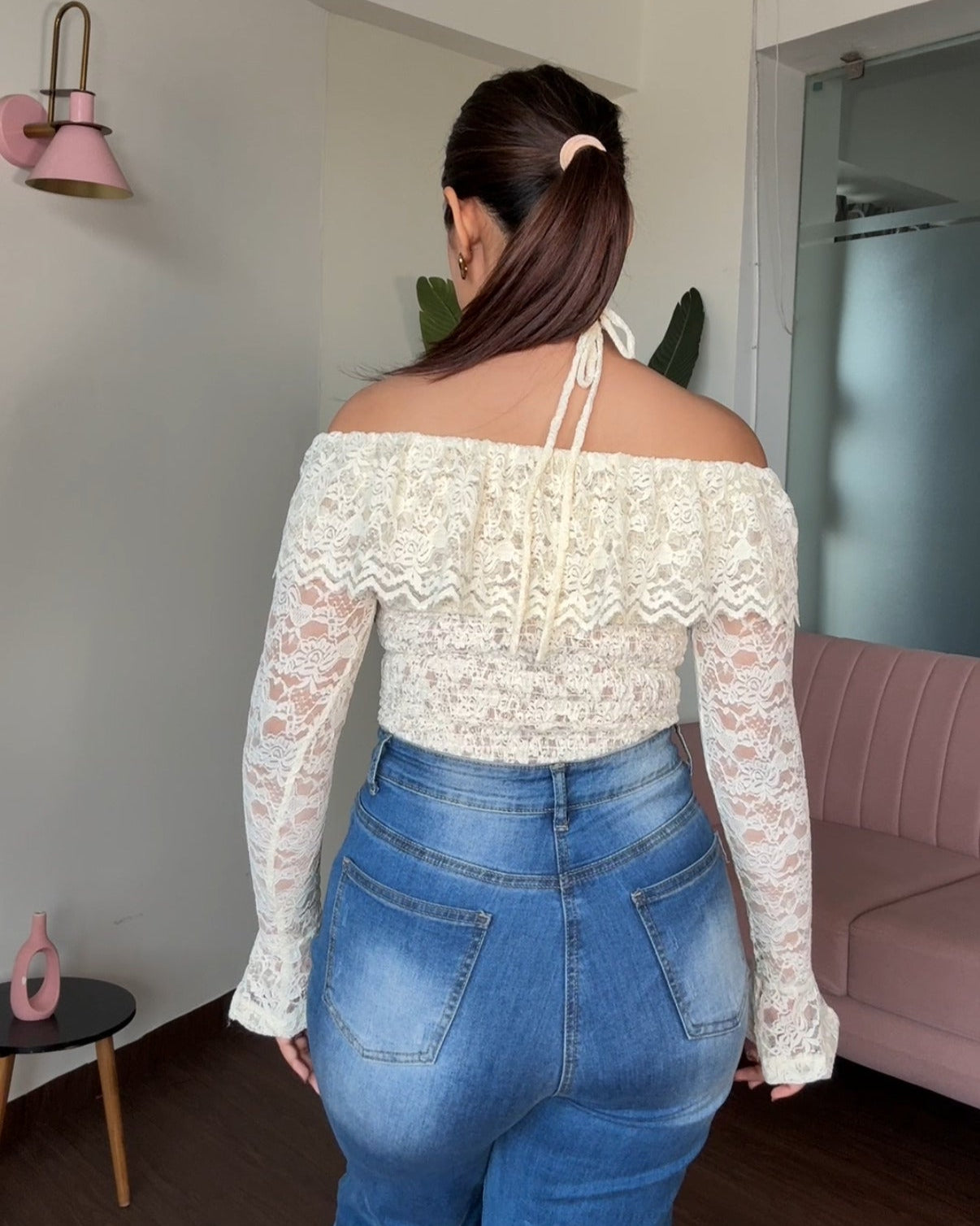 Lacy Off Shoulder Bodycon Top With Rose Neck Piece