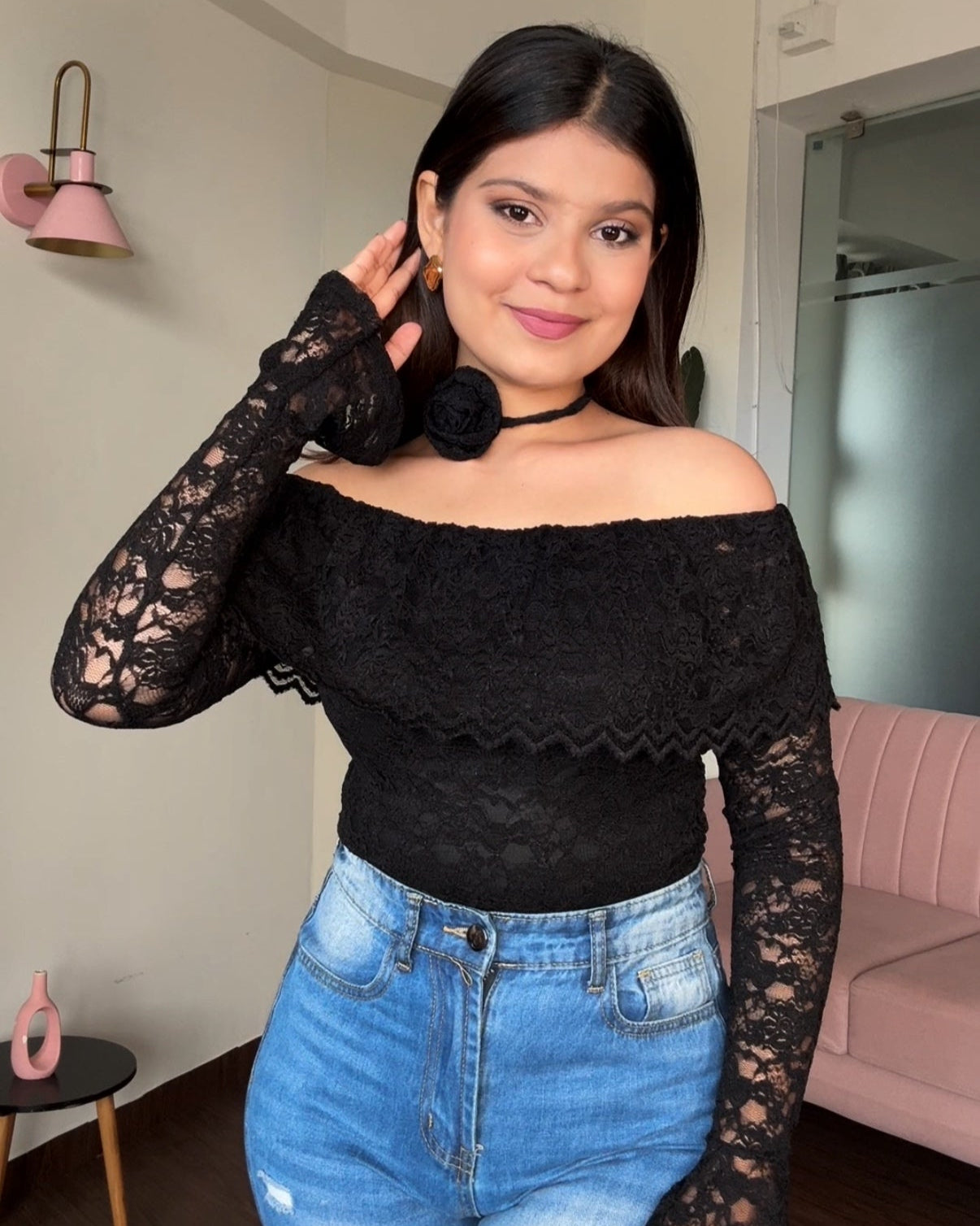 Lacy Off Shoulder Bodycon Top With Rose Neck Piece