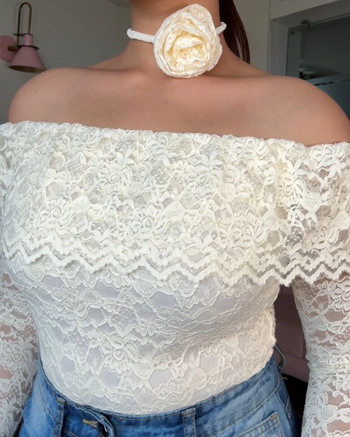 Lacy Off Shoulder Bodycon Top With Rose Neck Piece