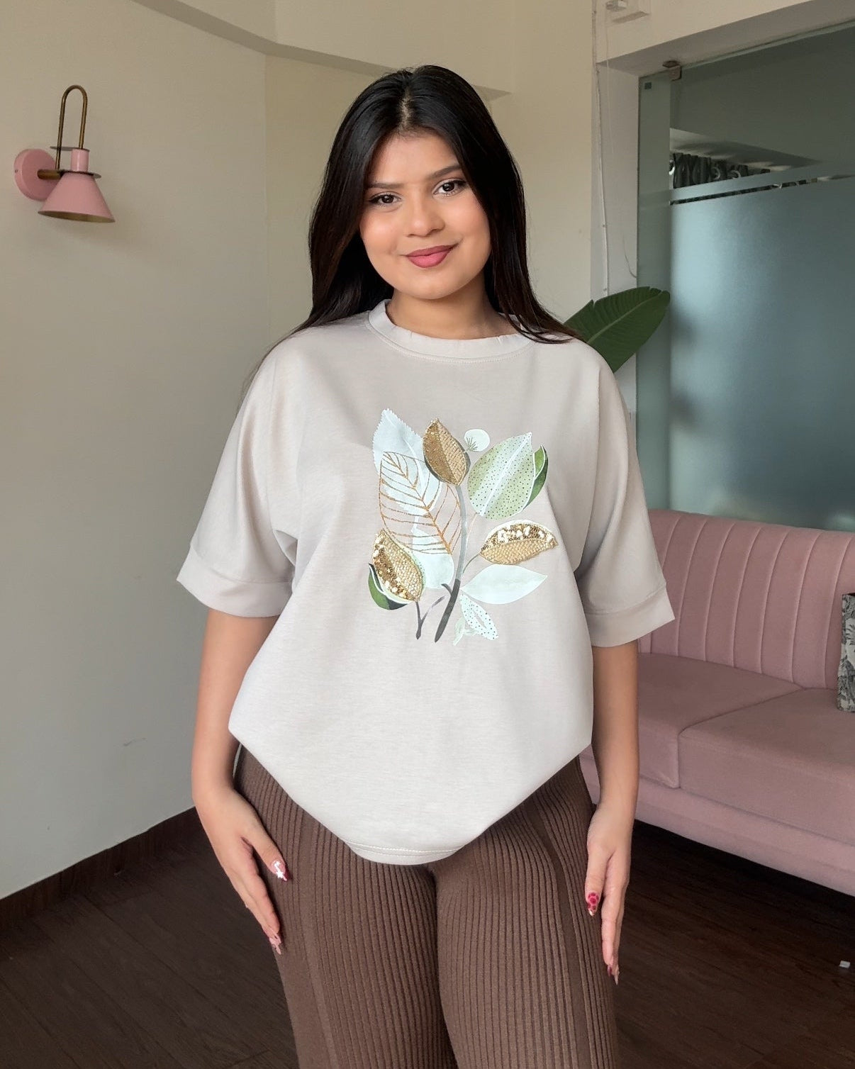 Leaf Shimmer Detailing Relaxed Tee