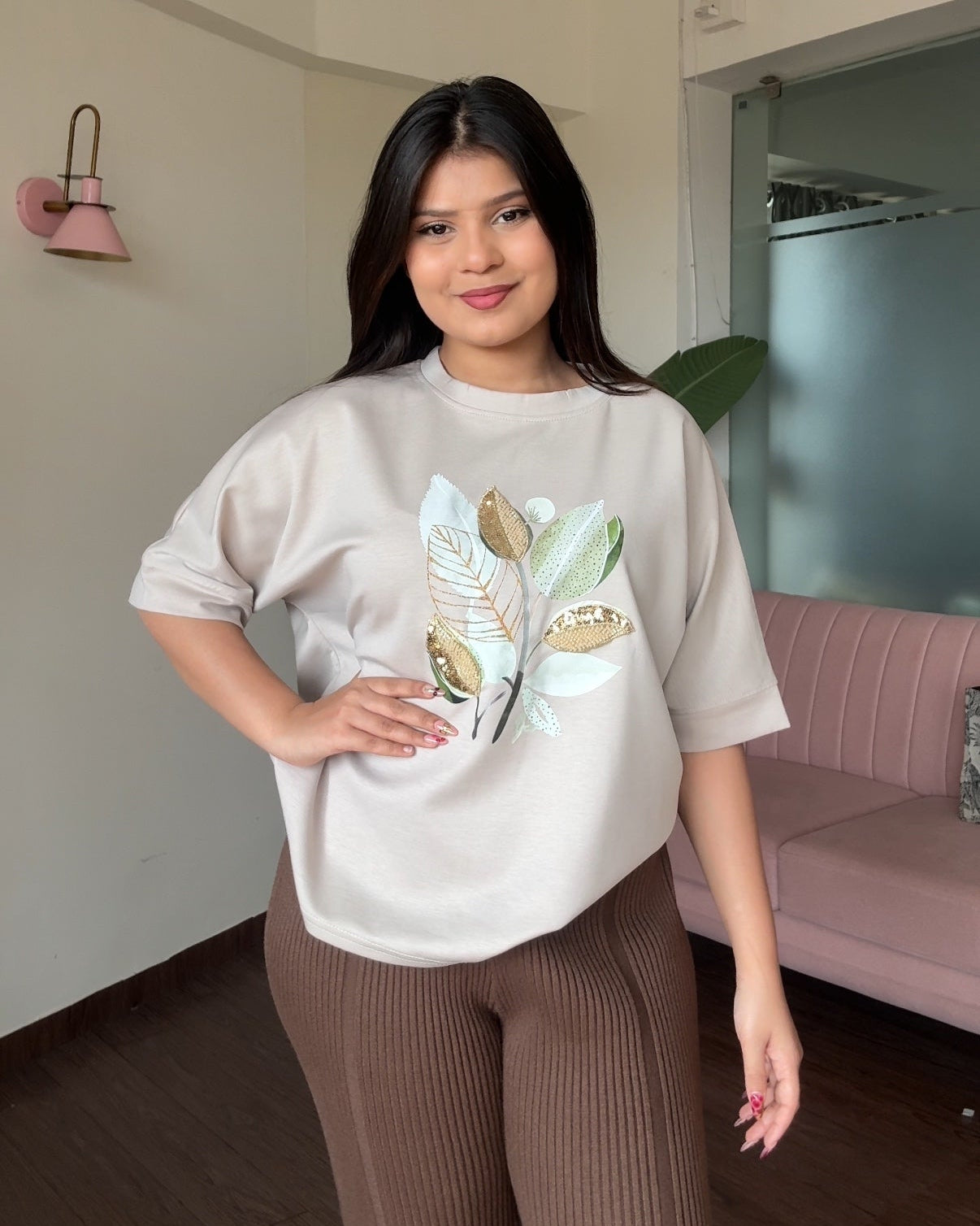 Leaf Shimmer Detailing Relaxed Tee