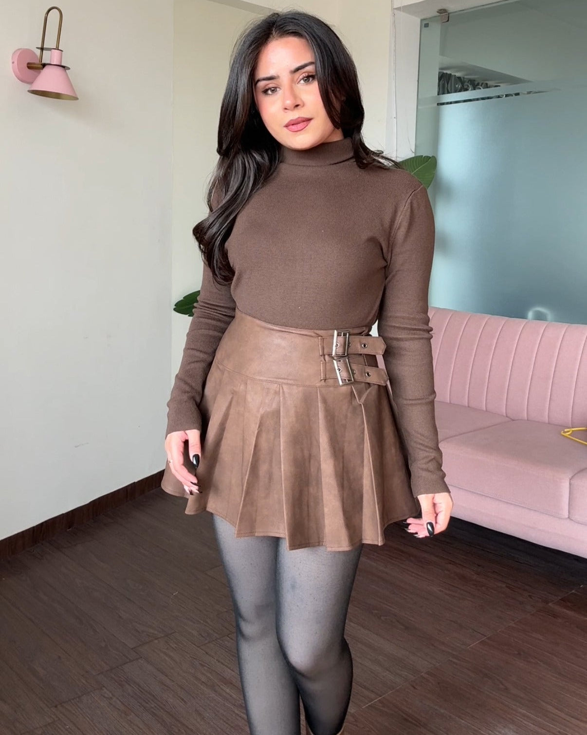 Leather Dual Belted Mini Pleated Skirt