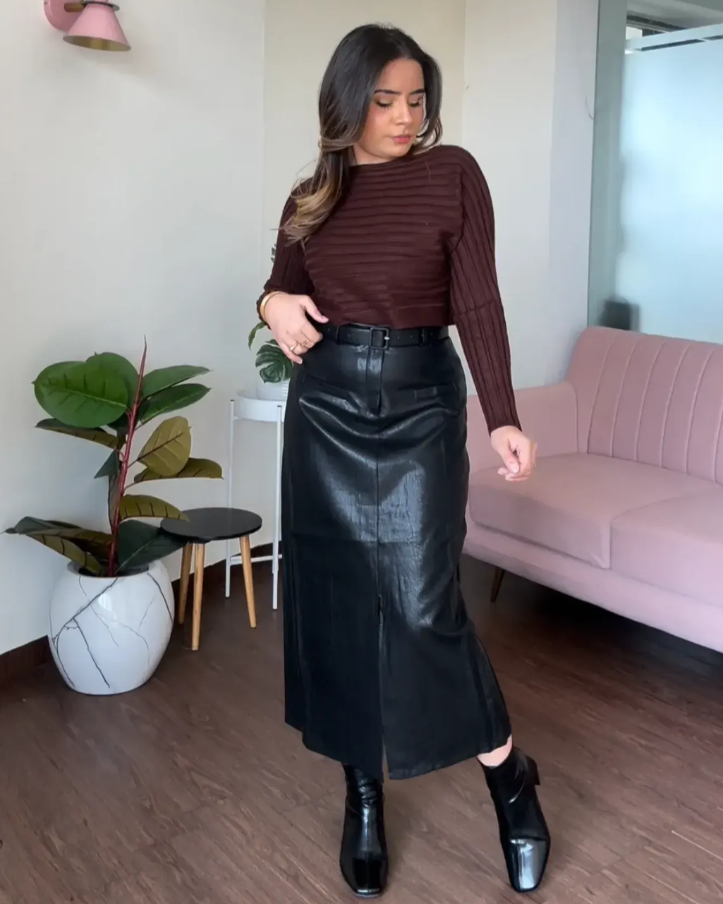 Leather Midi Skirt With Belt
