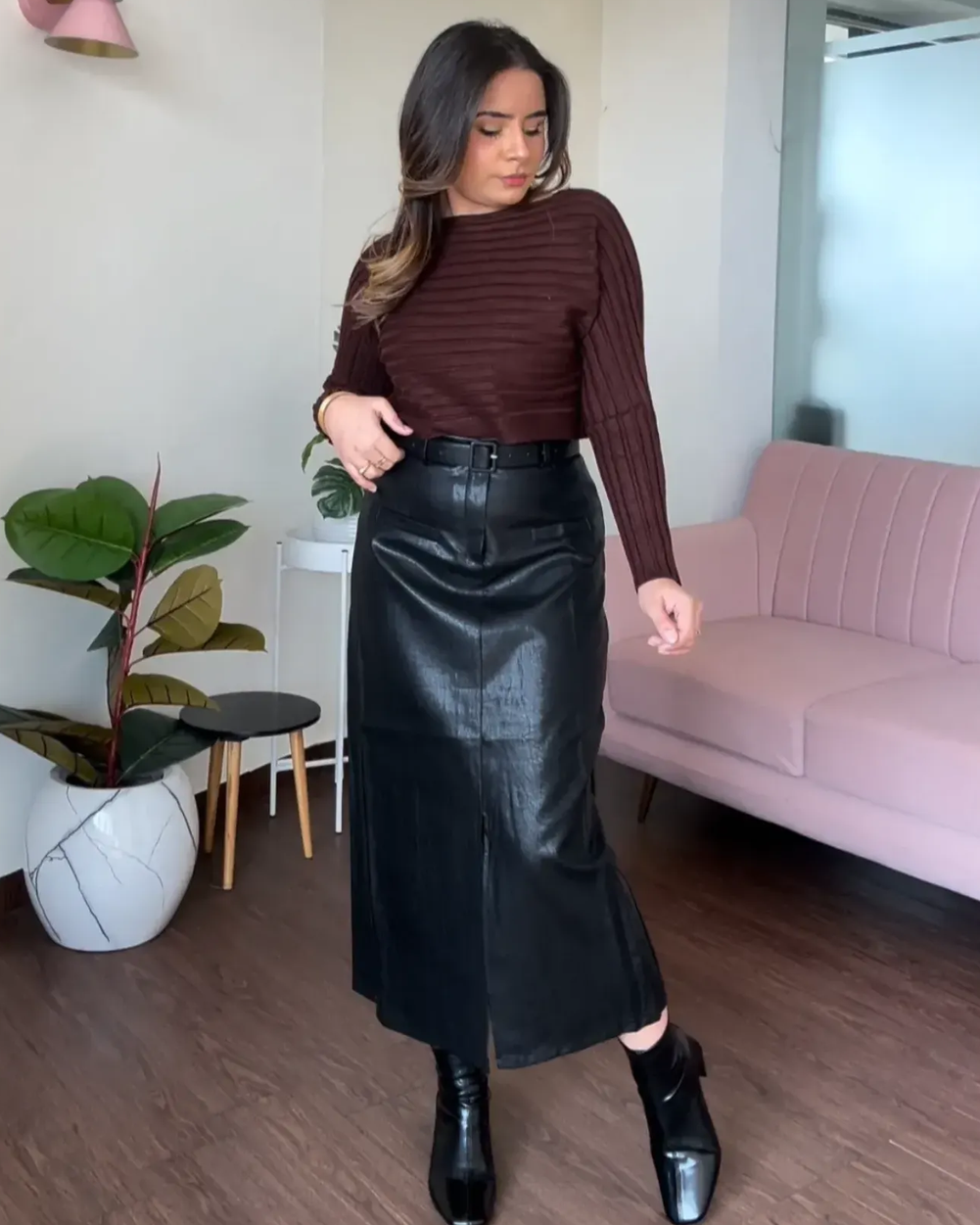 Leather Midi Skirt With Belt