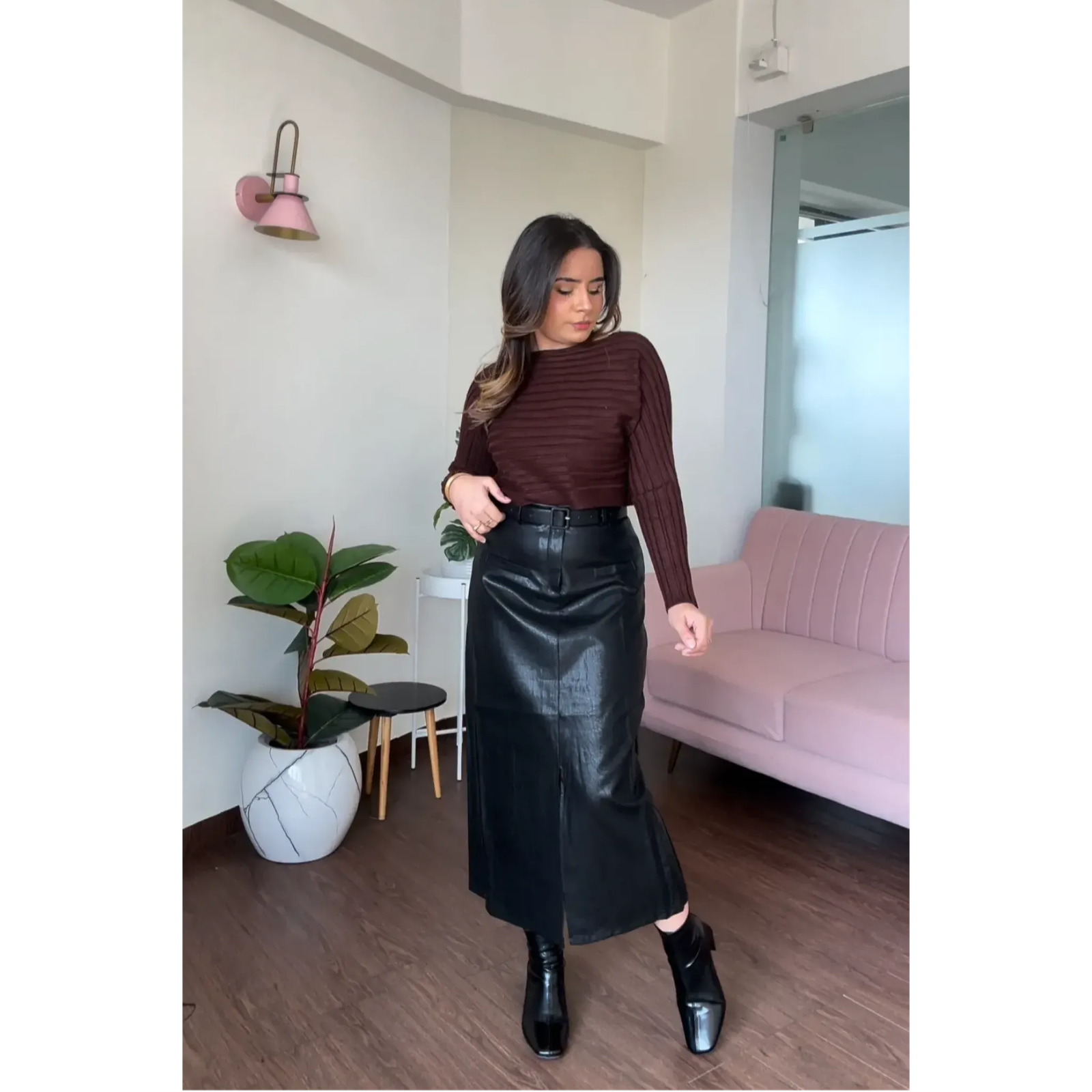 Leather Midi Skirt With Belt