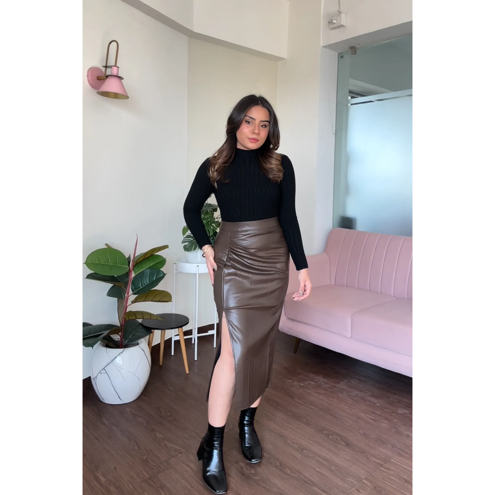 Leather Ruched Midi Skirt With Slit