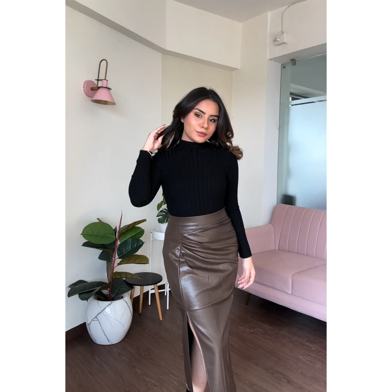 Leather Ruched Midi Skirt With Slit