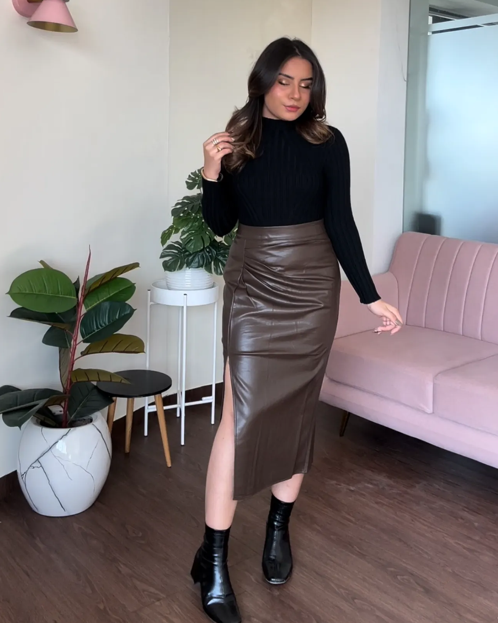 Leather Ruched Midi Skirt With Slit