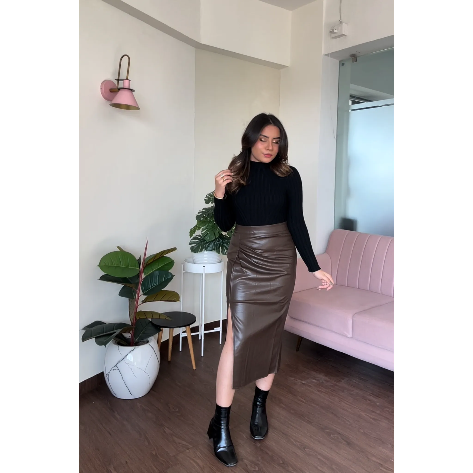 Leather Ruched Midi Skirt With Slit