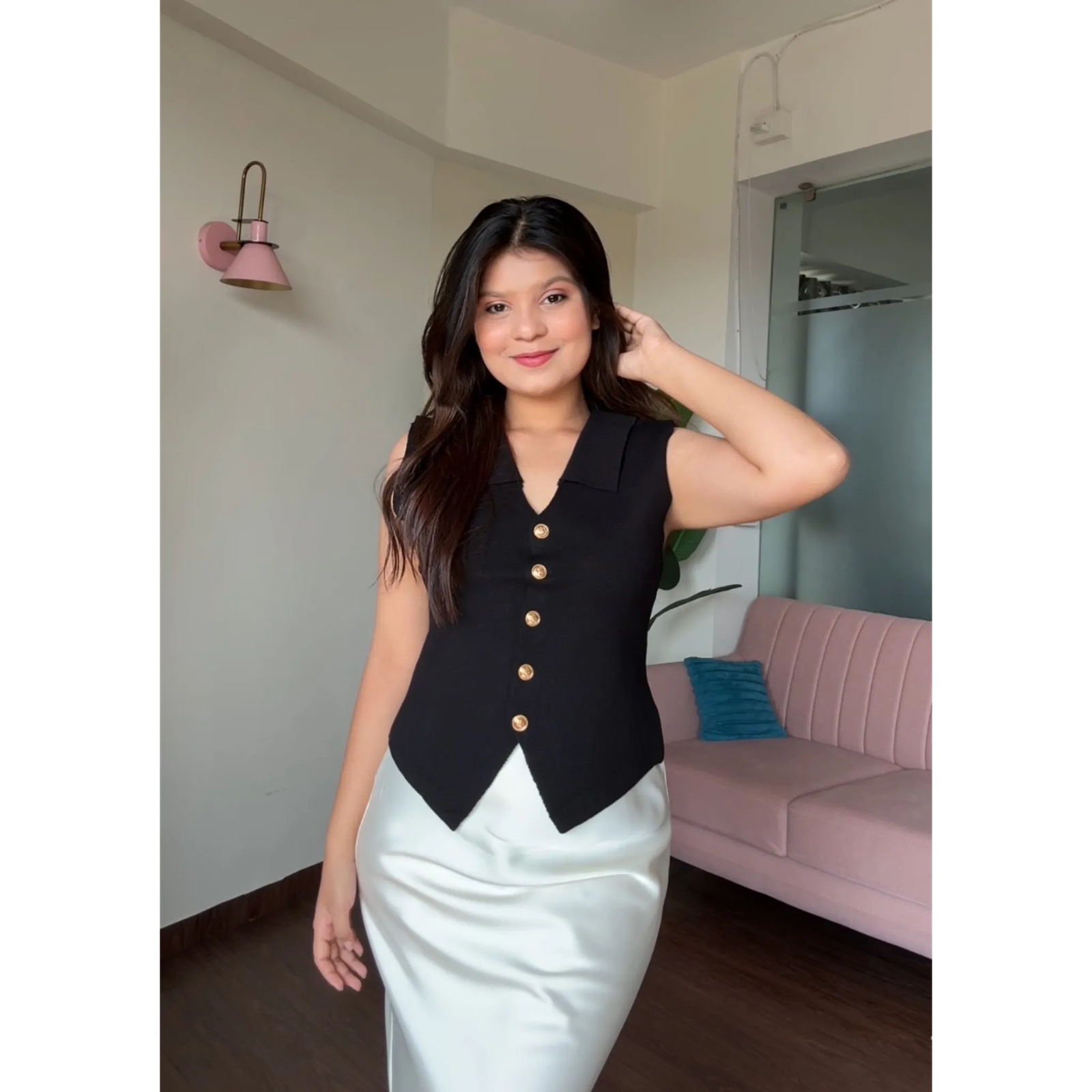 Long Golden Button Vest With Collar