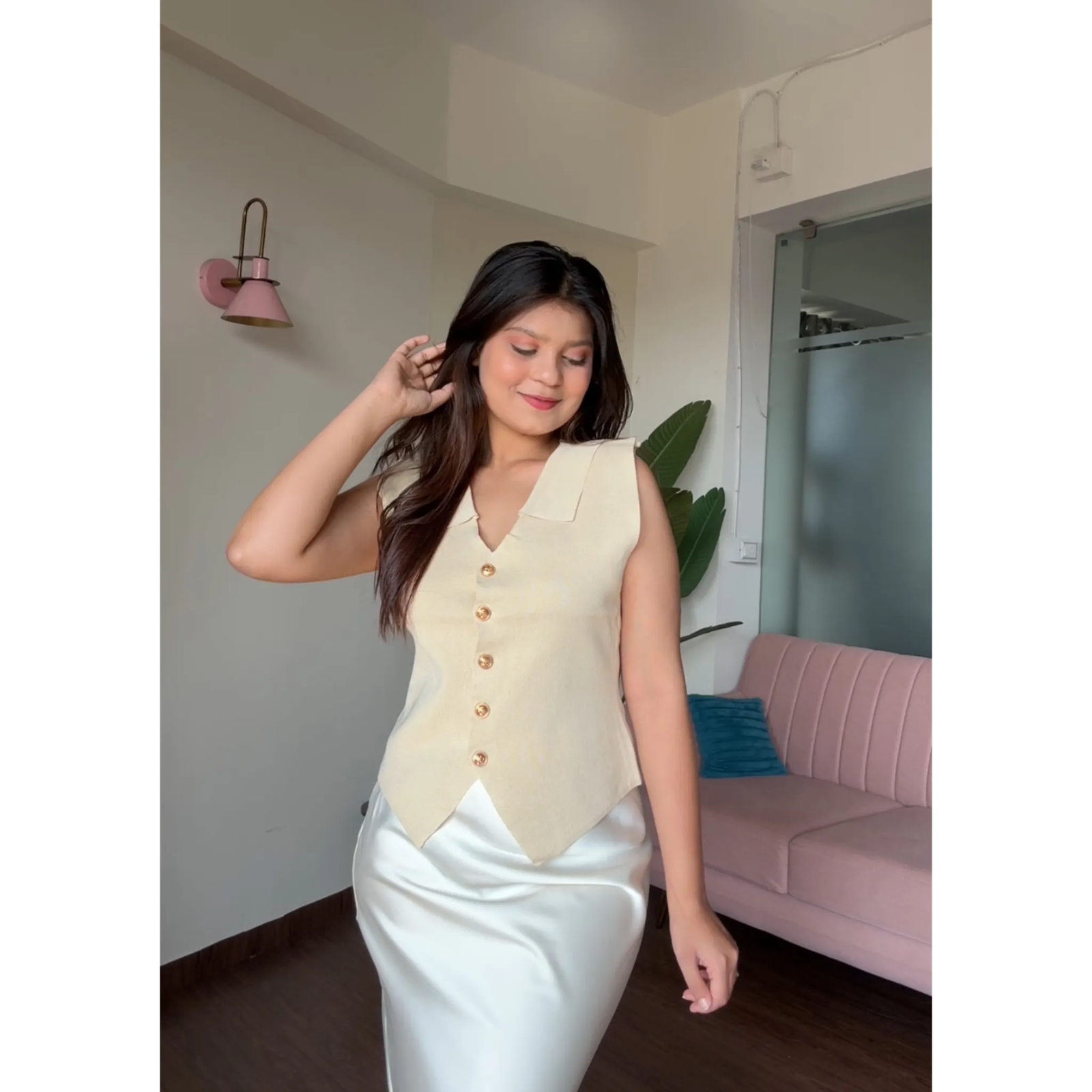Long Golden Button Vest With Collar