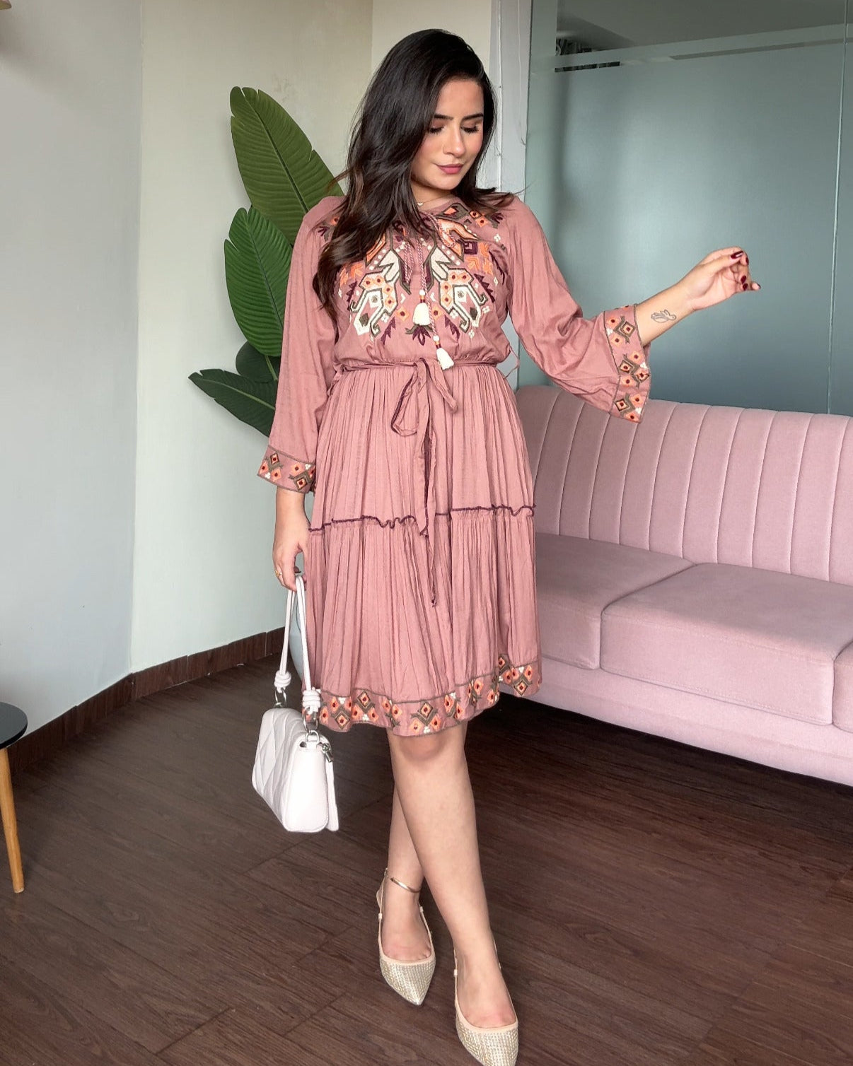 Mauve Embroidered Flared Midi Dress