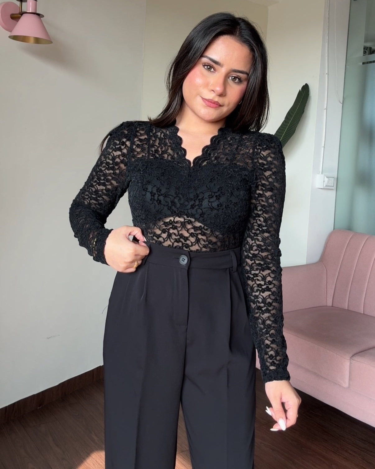 Mesh Velvet Padded V Neck Top