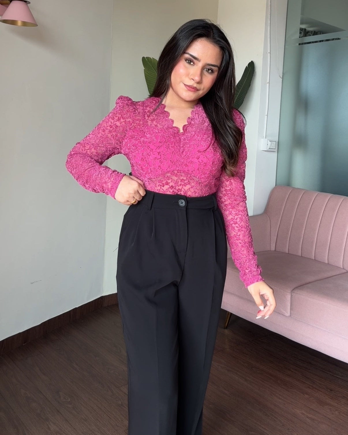 Mesh Velvet Padded V Neck Top