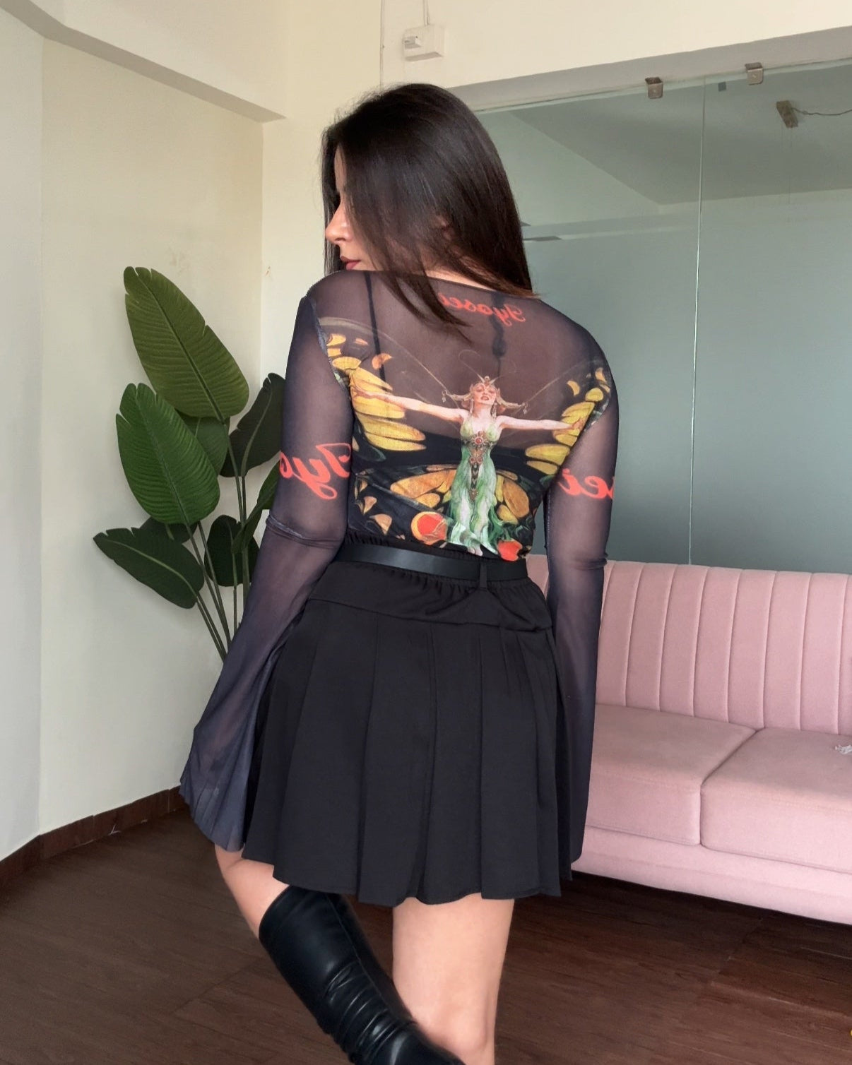 Mesh Bell Sleeve Sheer Butterfly Printed Top