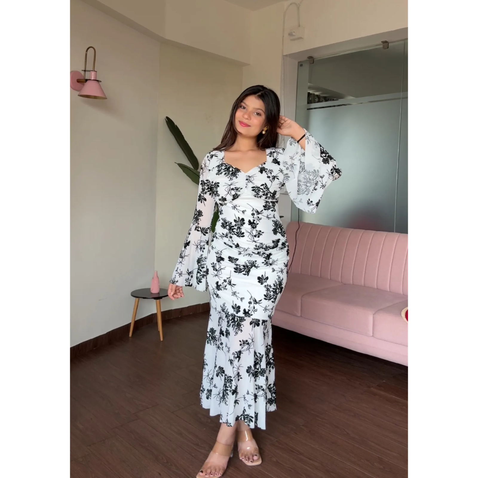 Mesh Bell Sleeves Fit And Flared Midi Dress