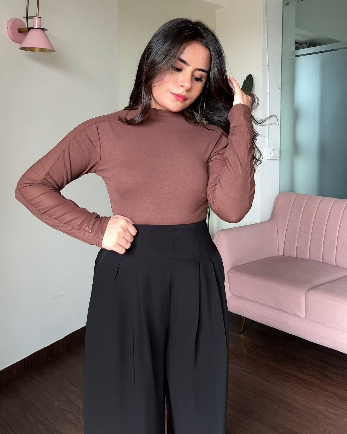 Mesh Cut Out Detailing High Neck Solid Top