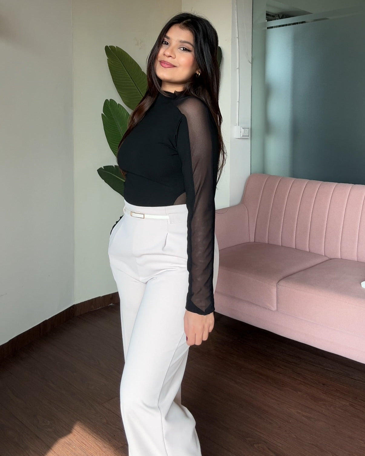 Mesh Cut Out Detailing High Neck Solid Top