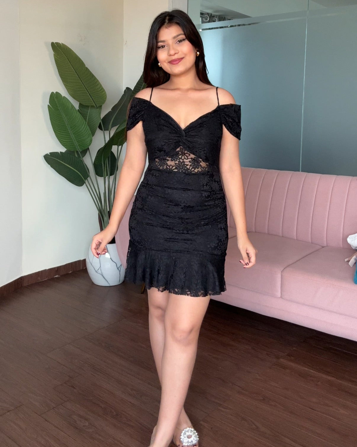 Mesh Floral Cut Out Knot Detailing Mini Dress