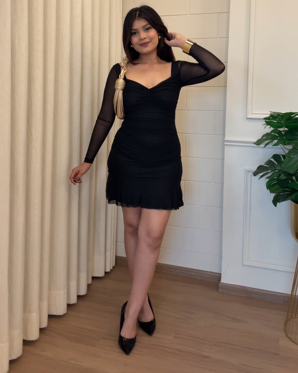 Mesh Mini Fit And Flared Full Sleeves Dress