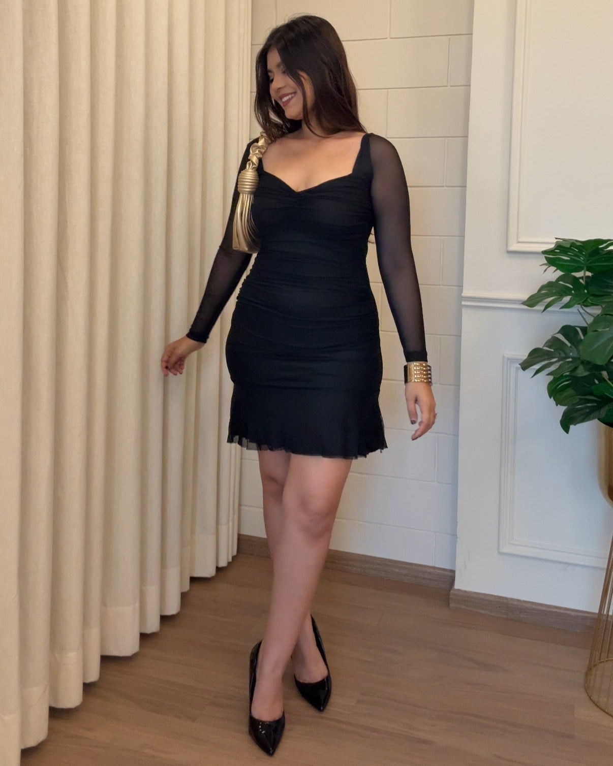 Mesh Mini Fit And Flared Full Sleeves Dress