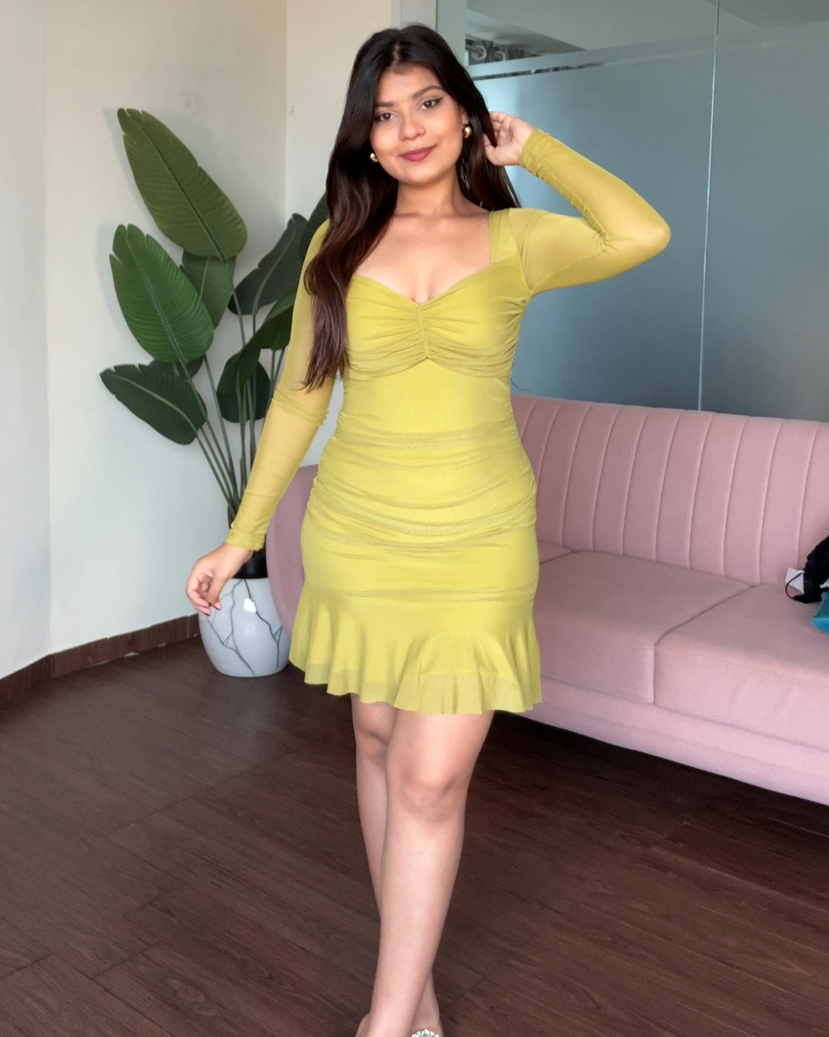 Mesh Mini Fit And Flared Full Sleeves Dress