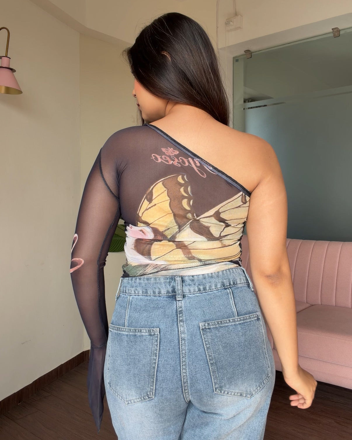 Mesh One Shoulder Butterfly Detailing Top