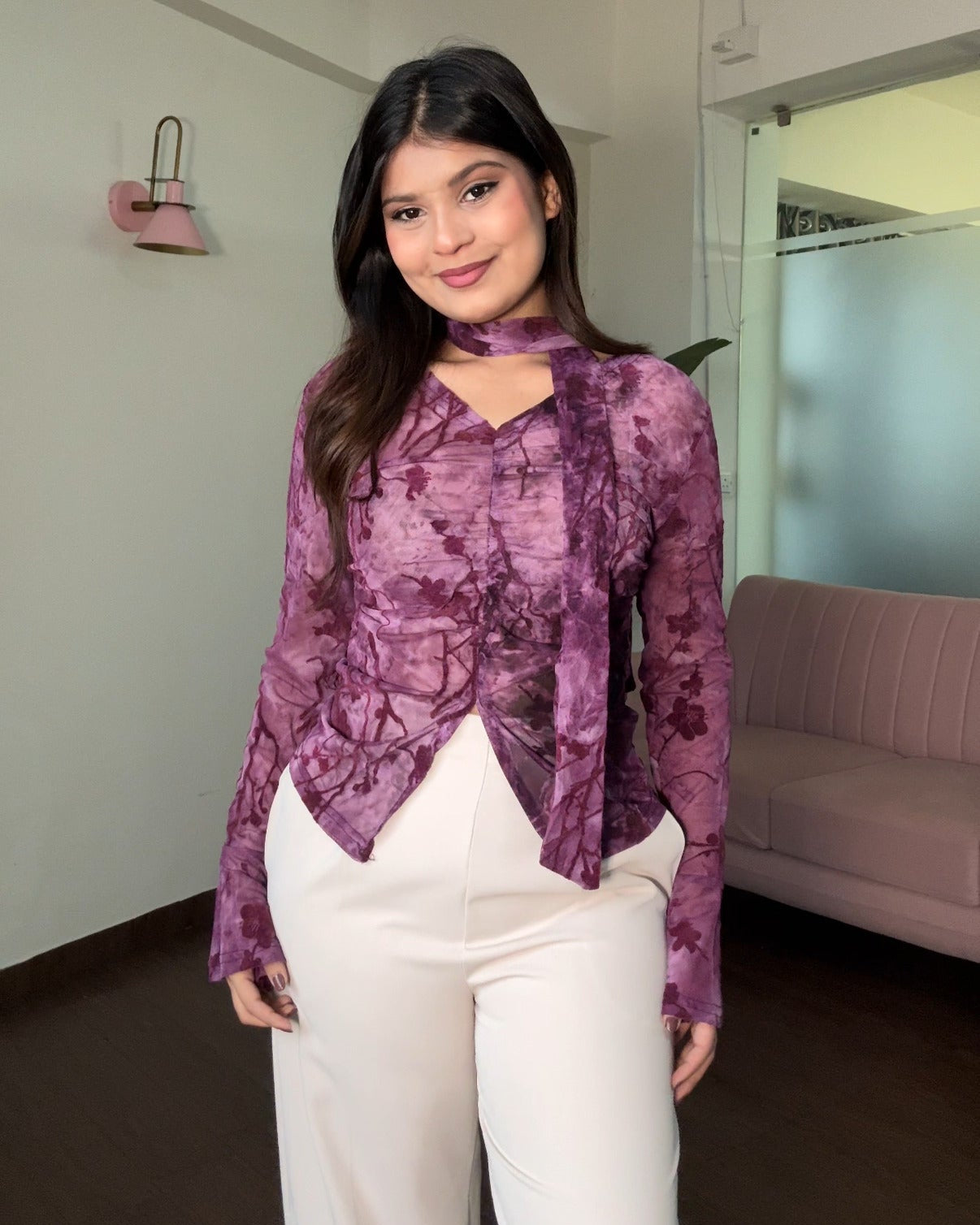 Mesh Ruched V Hem Top With Scarf