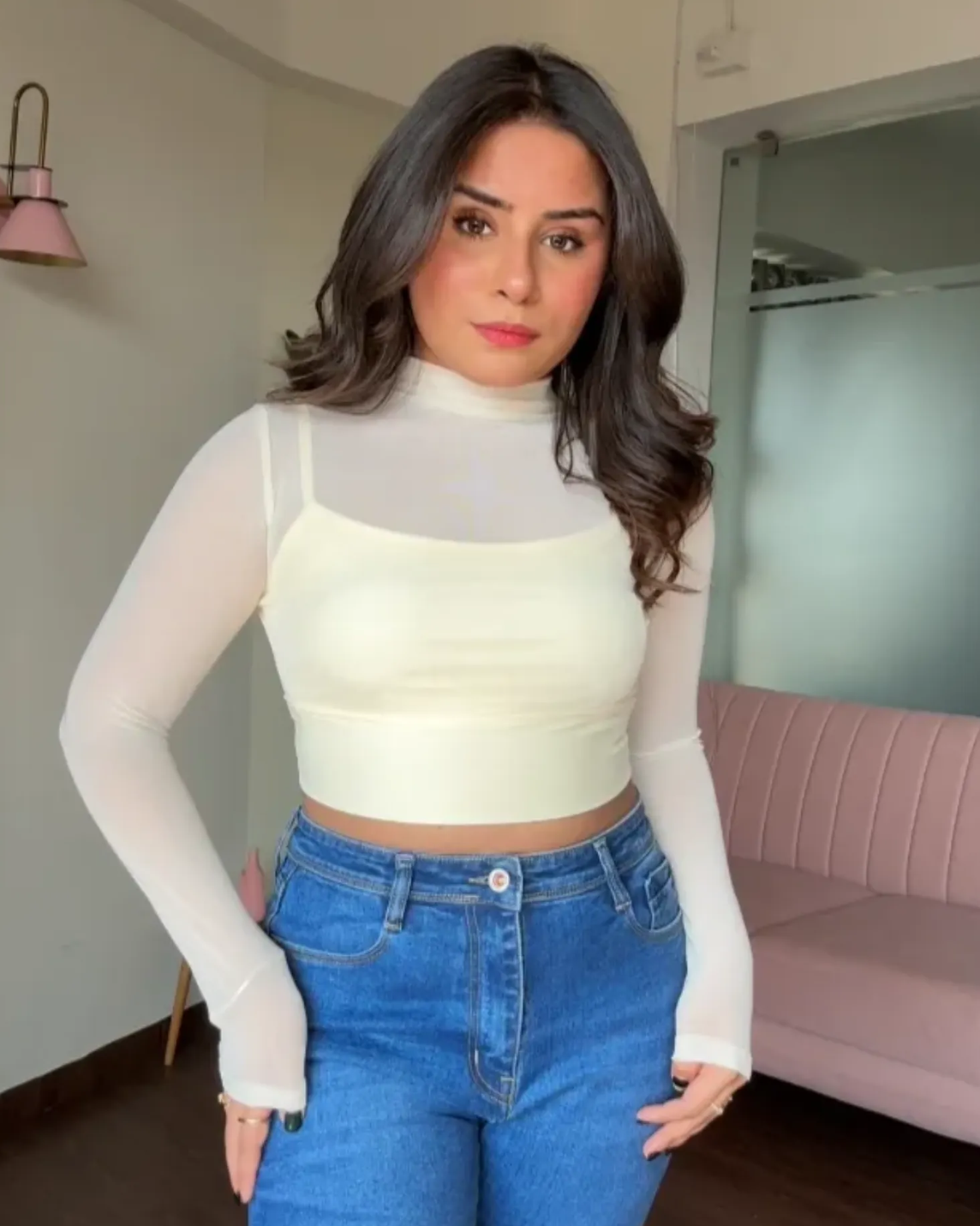 Mesh Solid Highneck Full Sleeves Top